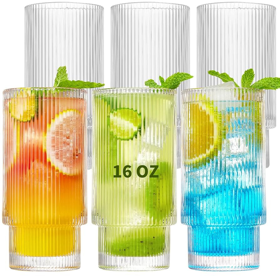 6 Pack Ribbed Drinking Glasses, 16 oz Vintage Glass Cups, Highball Glasses, Premium Iced Coffee G... | Amazon (US)
