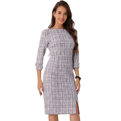 INSPIRE CHIC Women's Elegant Boat Neck 3/4 Sleeve Side Slit Work Button Decor Midi Dress X-Small White Purple | Target