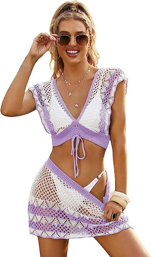 SheIn Women's Crochet Hollow Out Cover Up Set Tie Front V Neck Beach Coverups Swimsuit | Amazon (US)