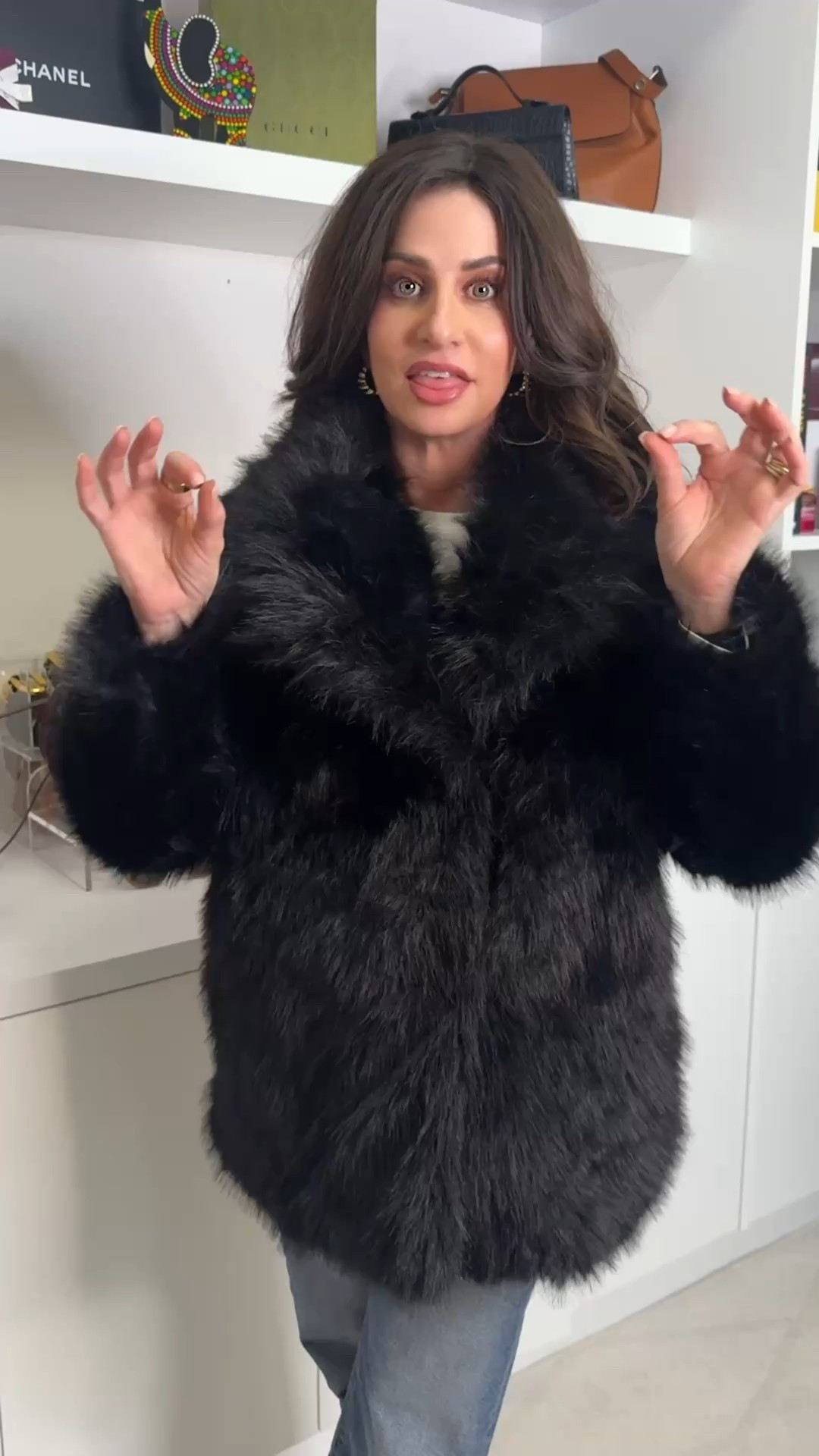 Oversized faux  fur coat, with lapel neckline is stunning ! Super soft has pockets and is available in a ton of colors. All I can say is 2 thumbs up ! Wearing a sm  #furcoat #fauxfurcoat #howtostyleafurcoat 

#LTKSaleAlert #LTKSeasonal #LTKOver40