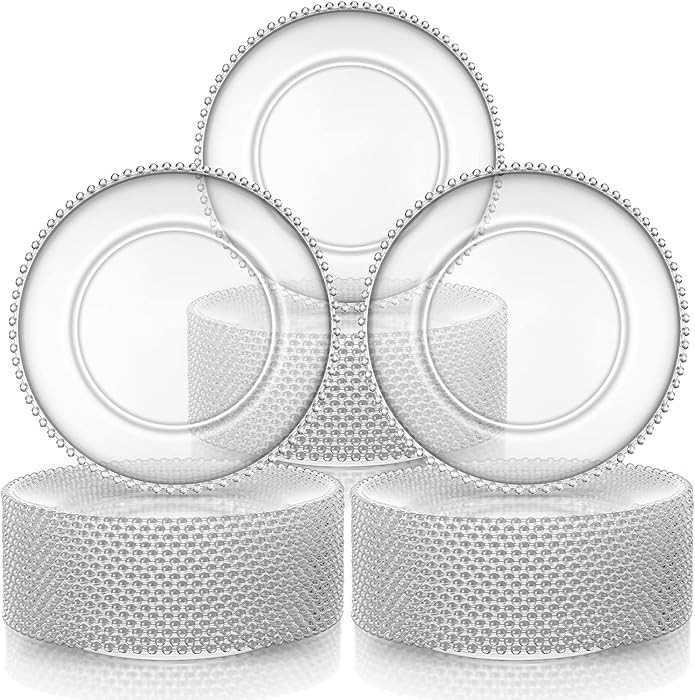 Hoolerry 50 Pcs Clear Charger Plates Bulk 13 Inch Plastic Round Dinner Plate with Beaded Rim Acry... | Amazon (US)