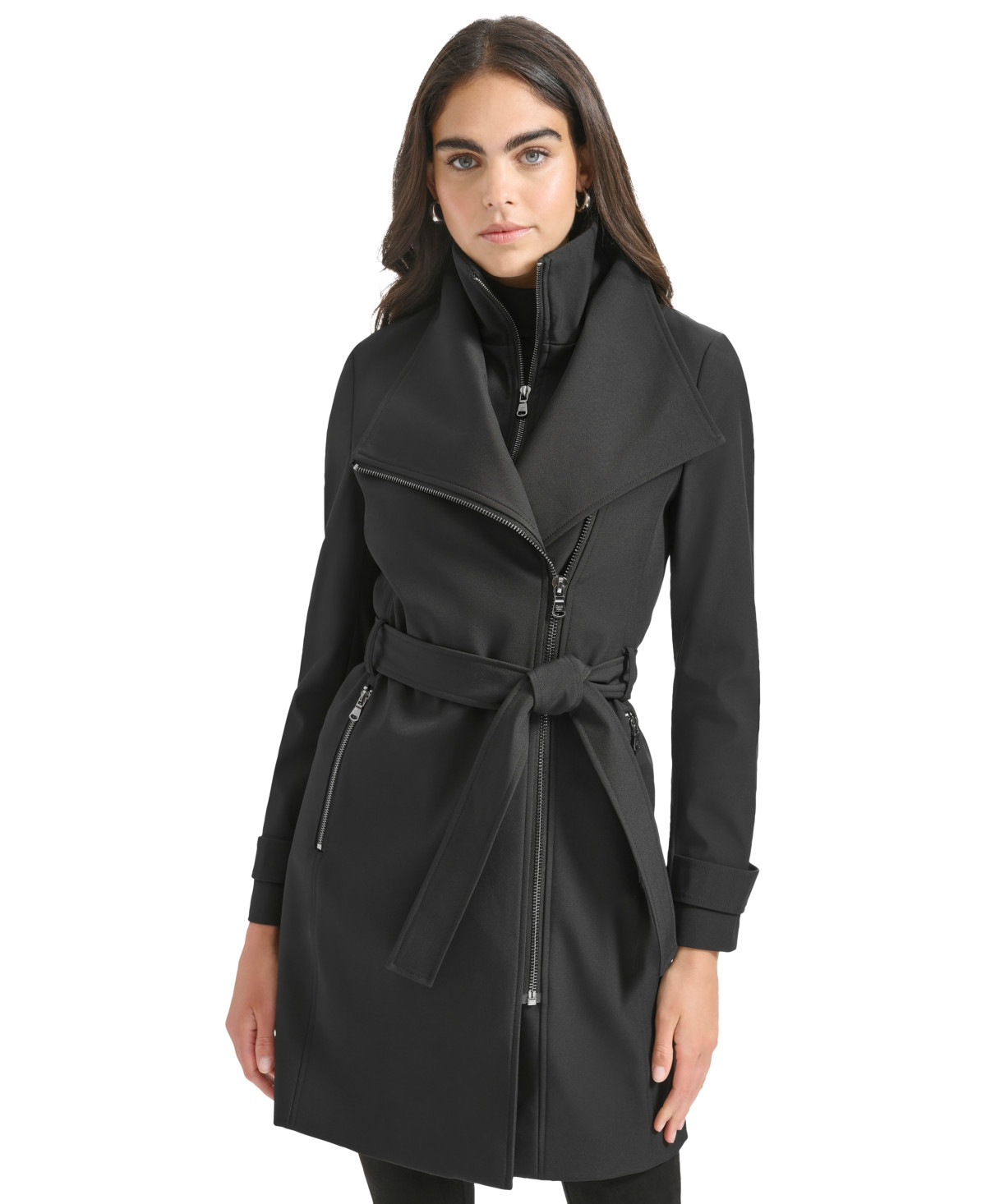 Calvin Klein Women's Long Sleeve Belted Wrap Coat - Black | Macy's