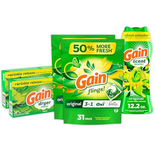 Gain Laundry Bundle: Gain Flings Laundry Detergent Pacs (2x35ct), Dryer Sheets (2x34ct), Fireworks Laundry Scent Booster Beads (14.8oz) | Amazon (US)