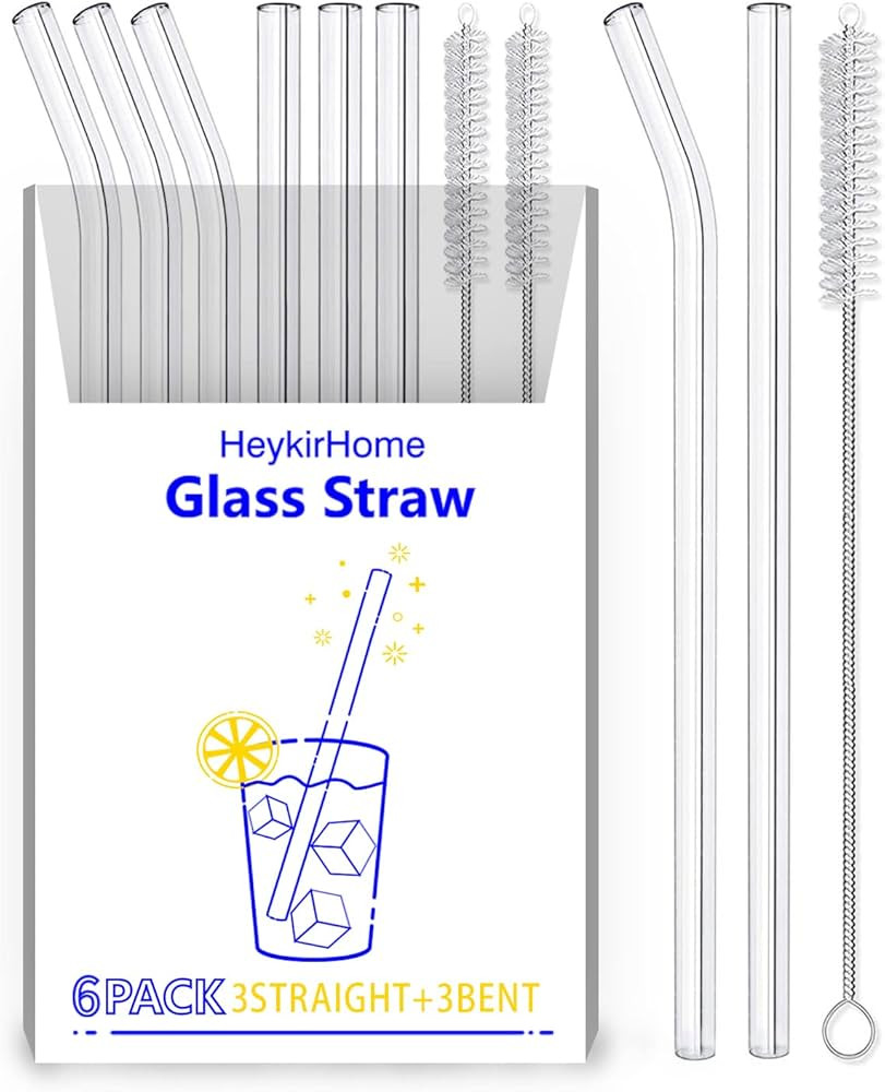 HeykirHome 6-Pack Reusable Glass Straw-Transparent,Size 8''x10 MM,Including 3 Straight and 3 Bent... | Amazon (US)