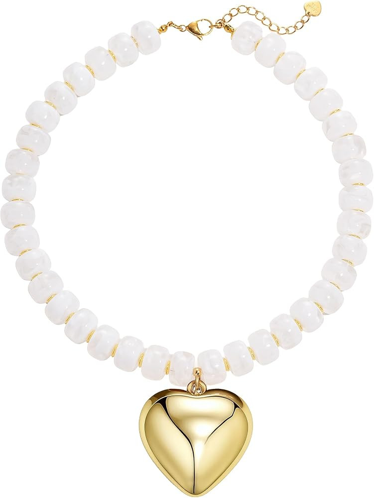 Faux Gemstone Resin Chunky Necklaces for Women, Trendy Beaded Puffy Gold Heart Pendant Statement ... | Amazon (US)
