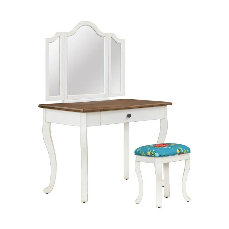 The Pioneer Woman Vanity Set and Stool with Tri-Fold Mirror and Made With Solid Wood Frame, White | Walmart (US)