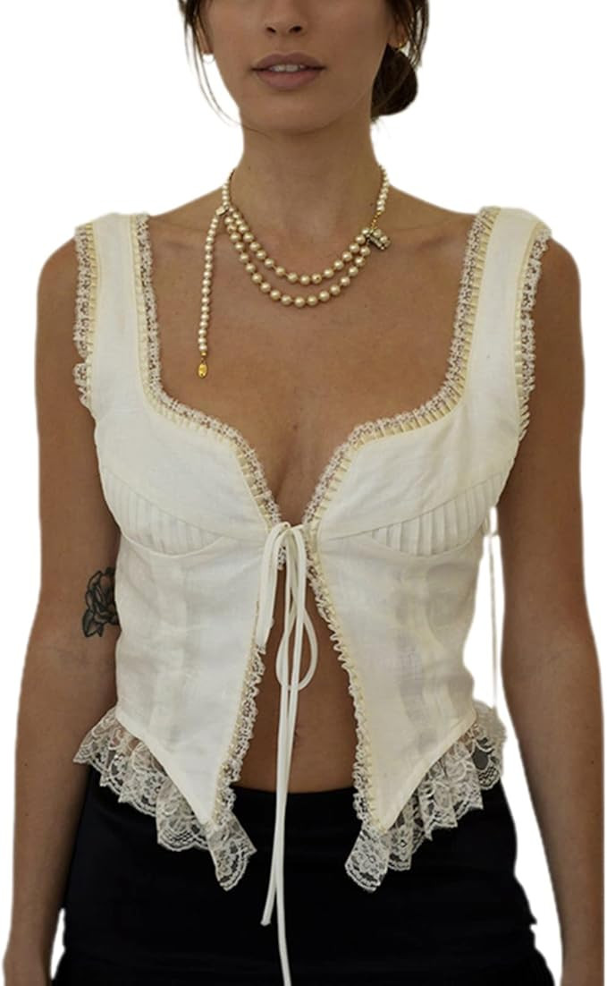 Woman Tie Open Split Front Floral Lace Crop Cami Tank Top V Neck Spaghetti Strap Sexy Cropped Cam... | Amazon (US)