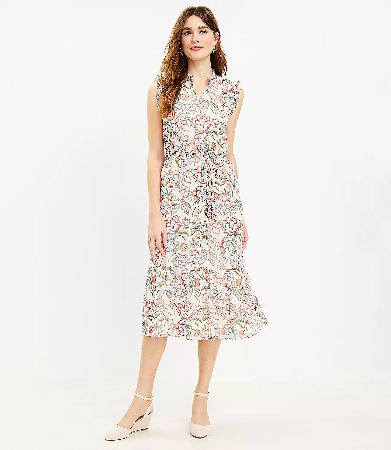 Floral Ruffle Sleeveless Midi Dress | LOFT