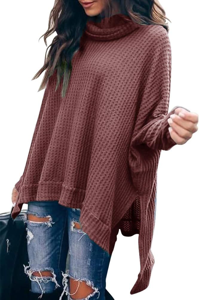 ANRABESS Women's Sweater 2023 Fall Oversized Turtleneck Long Batwing Sleeve Waffle Knit Split Hem... | Amazon (US)