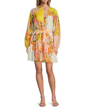 Brynn Floral Print Dress Mock Neck Long Sleeve Self-Tie Button Front Dress | Dillard's