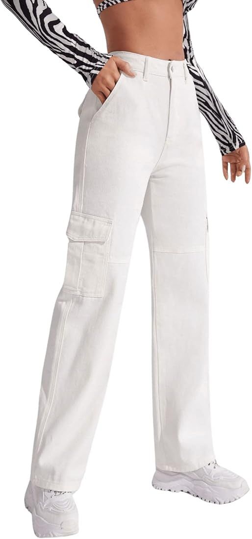Women's High Waist Cargo Jeans Flap Pocket Wide Leg Denim Pants | Amazon (US)