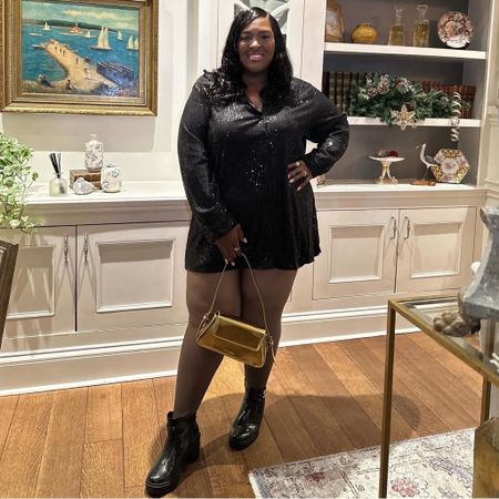 Girls in little sparkly black dresses have all the fun. Sequin mini dress from XPluswear. Plus size fleece leggings and purse from Amazon. Booties from Torrid. 

#LTKplussize #LTKsalealert #LTKfindsunder50