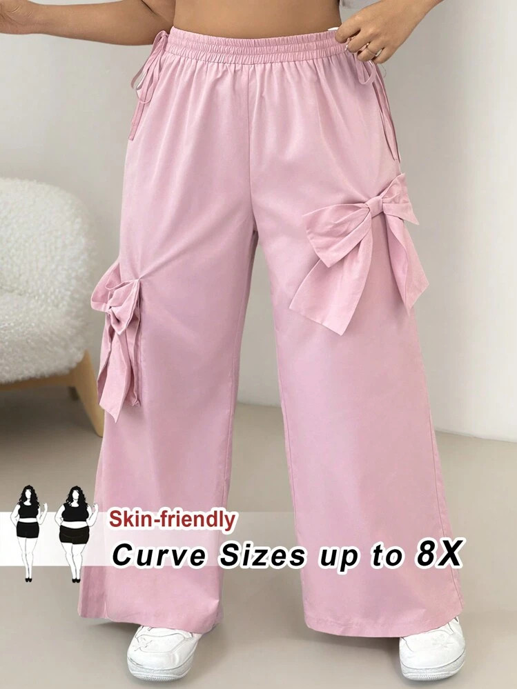 SHEIN CURVE+ Plus Size Women's Solid Color Side Bow Decoration Wide Leg Loose Pants, Valentine's ... | SHEIN