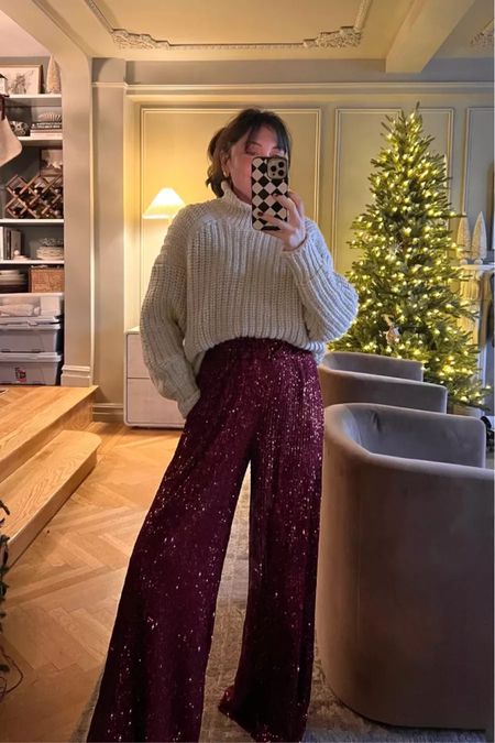 Holiday outfit consisting of these sequin pants that are back in stock and knit sweater

#LTKstyletip #LTKHoliday #LTKfindsunder50