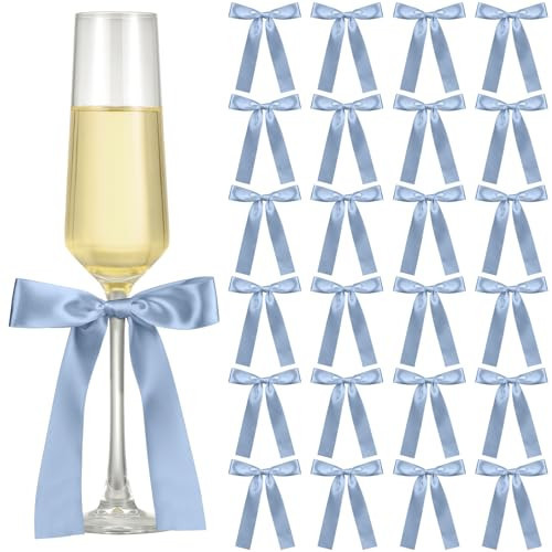 Jingmore Blue 24 Pack Bows for Champagne Glasses Candle Holder 6.7 x 4 Inch Bow Drink Tags Wine Glass Candlestick Ribbon Self Adhesive Name Marker for Wedding Anniversary Party Gift Decor | Amazon (US)
