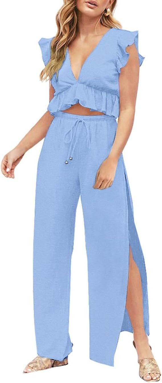 FANCYINN Womens 2 Pieces Outfits Deep V Neck Crop Top Side Slit Drawstring Wide Leg Pants Set Jum... | Amazon (US)