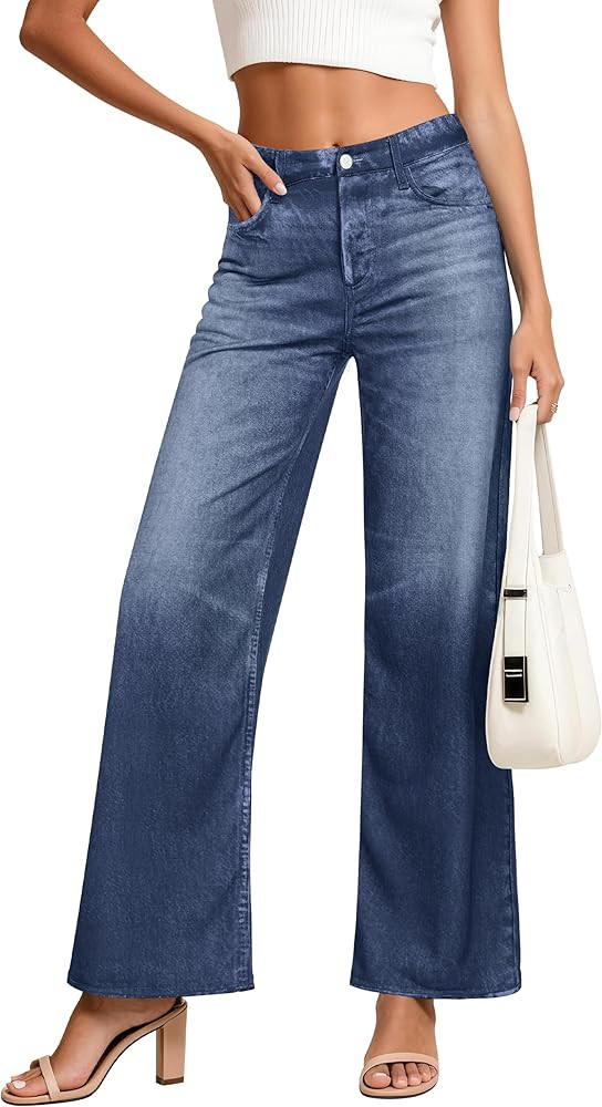 EUYZOU Womens Wide Leg Trendy Jeans Terry Look Like Denim High Waisted Baggy Loose Pants with Poc... | Amazon (US)