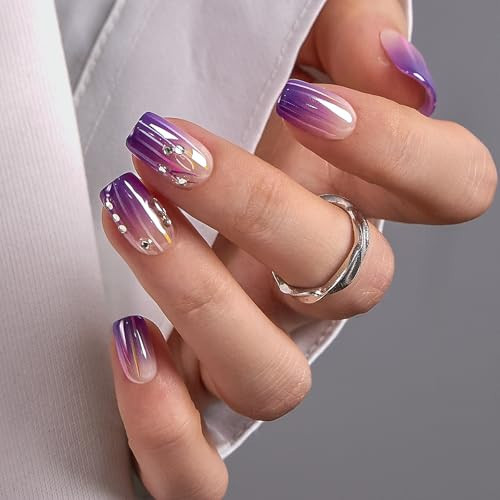 Curvlife Press On Nails Kit - Full Cover False Nail Tips with Trendy Designs, Reusable & Glue Included - Easy Application Nail Accessories for Women (gradient purple lines, Medium) | Amazon (US)