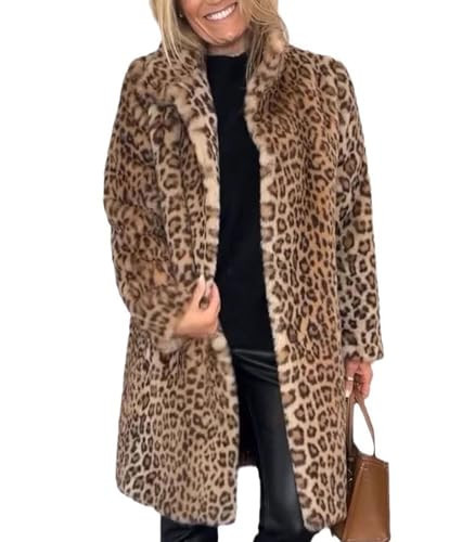 MSOPCCA Womens Faux Fur Coat Winter Fuzzy Long Lapel Open Front Leopard Print Jacket Warm Overcoat | Amazon (US)