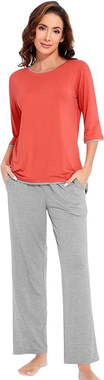 WiWi Womens 3/4 Sleeve Pajamas Set Soft Bamboo Viscose Tops with Pants Sleepwear Pjs Plus Size Li... | Amazon (US)