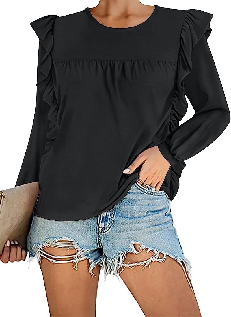 MIHOLL Women Shirts Puff Sleeve Plus Size Blouses Plain Long Sleeve T-Shirt at Amazon Women’s C... | Amazon (US)