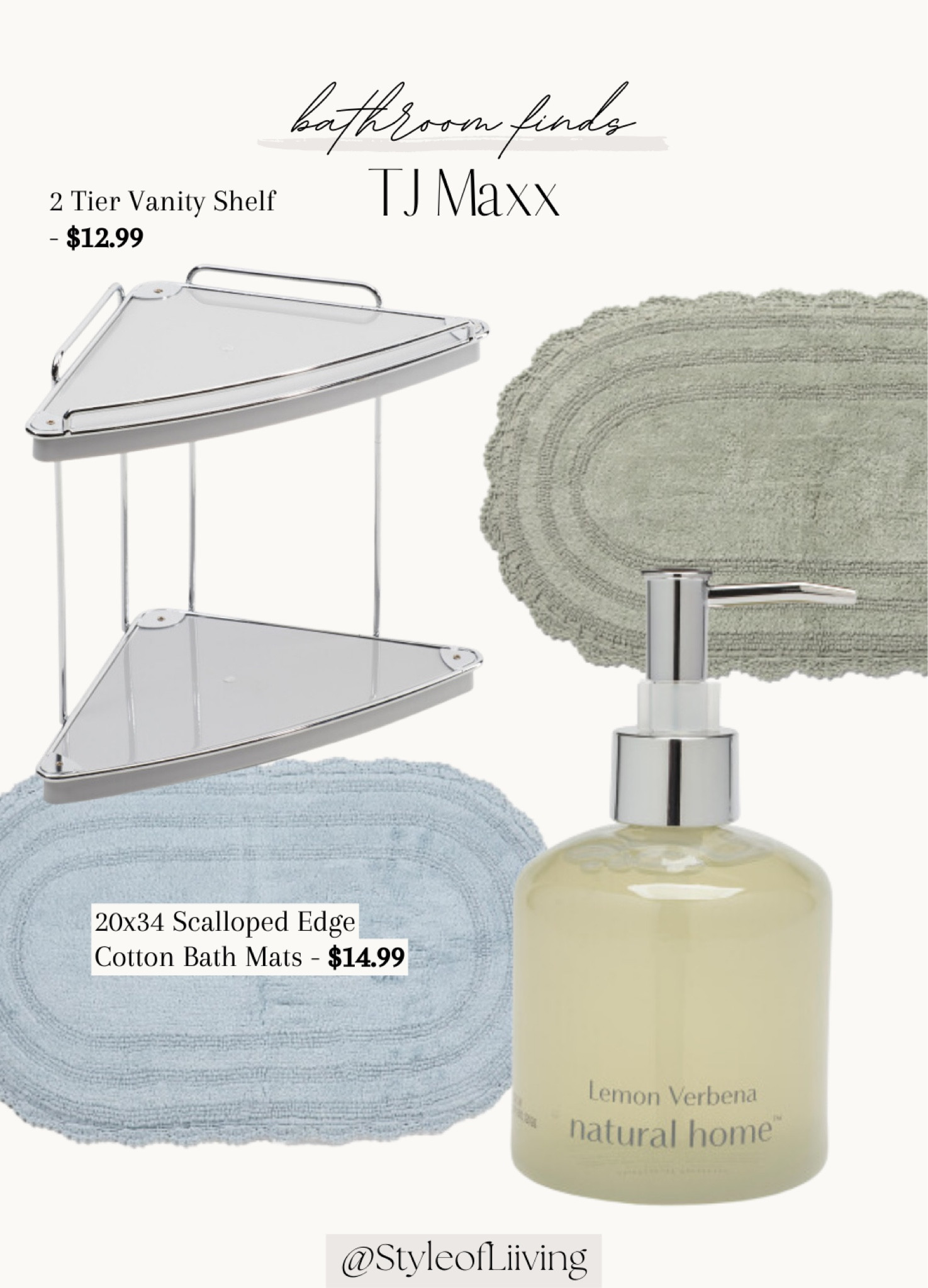 TJ Maxx bathroom accessories! 2 tier vanity corner shelf, oval shaped scalloped edge cotton bath mats, glass dispenser hand soap silver lid pump. Organization storage. #homedecor #tjmaxx #bathroom 

#LTKhome #LTKfamily #LTKfindsunder50