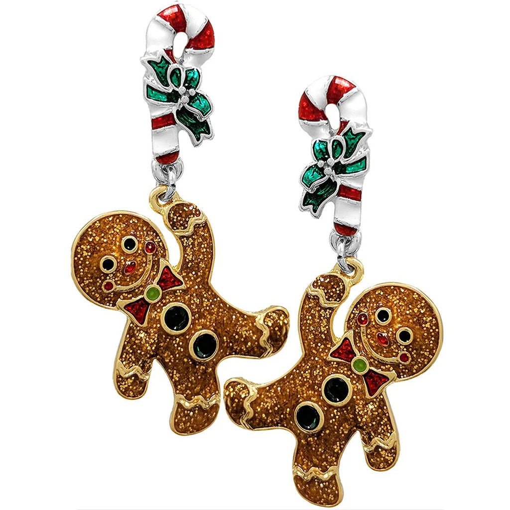 Whimsical Christmas Holiday Themed Fun Glitter Enamel Gingerbread Man With Candy Cane Dangle Hypo... | Rosemarie Collections