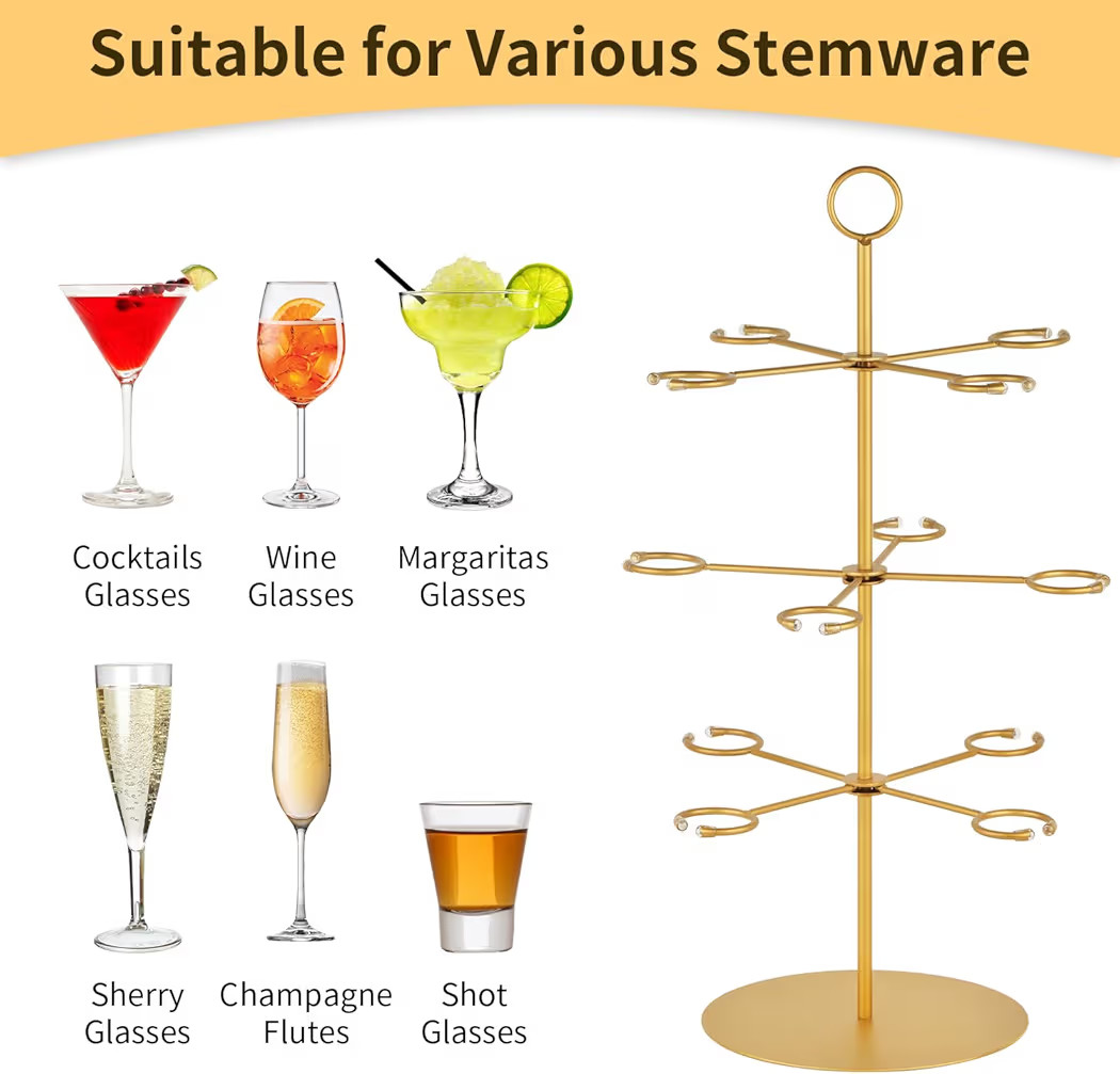 QPIX DIGITAL Champagne Tower,Metal Cocktail Tree Stand 3 Tier - 12 Holders For Champagne, Cocktails, Martini, Margarita Cups at Weddings,Bridal Parties & Events,Cocktail Glass Gold Holder | Amazon (US)