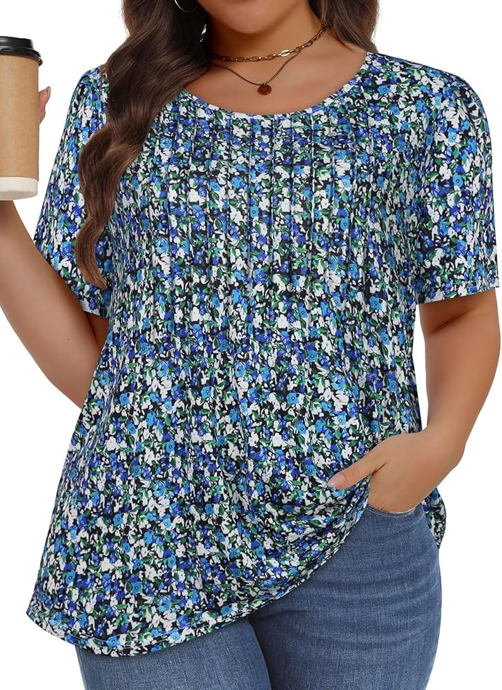 Plus Size Tops for Women Pleated Summer Top Trendy Short Sleeve Shirts Casual Basic Tee Crew Neck... | Amazon (US)