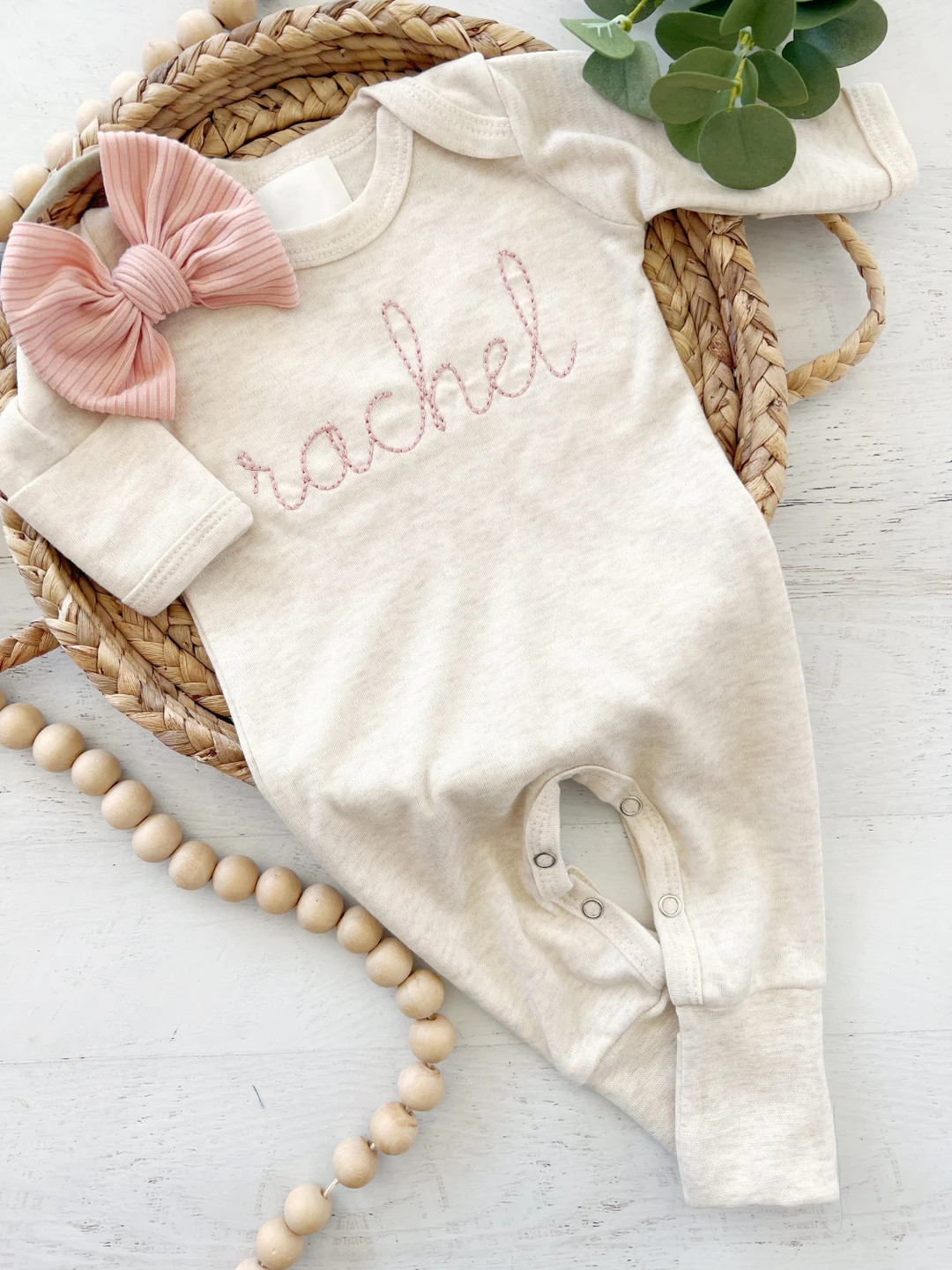 Personalized Oatmeal and Blush Vintage Stitch Girl Romper With Bow or Turban, Custom Girl Coming ... | Etsy (US)