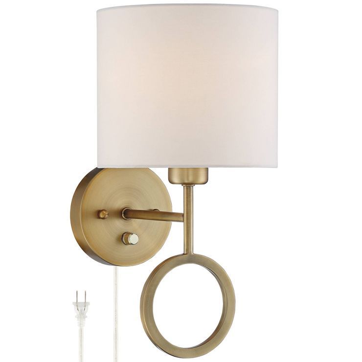 360 Lighting Wall Lamp Plug In Warm Brass Ring White Drum Shade for Bedroom Living Room Reading | Target