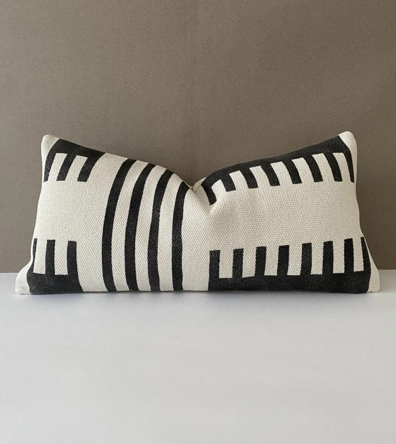 Black white pillow, Hand made, Hemp pillow cover, Painted Hemp cushion cover ,12X24 inch,60x30 cm... | Etsy (Global)