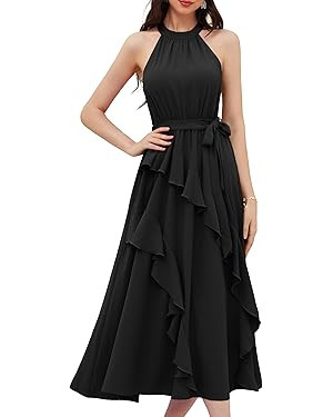 GRACE KARIN Women's 2024 Summer Sleeveless Halter Neck Ruffle Hem Split Flowy Swing Long Midi Dre... | Amazon (US)