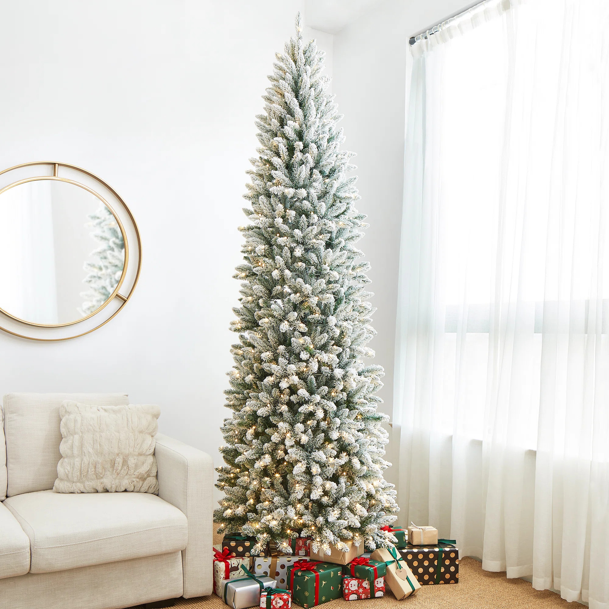 The Holiday Aisle® Johvan Slender Pre-Lit Flocked/Frosted Fir Christmas Tree with Lights & Revie... | Wayfair North America