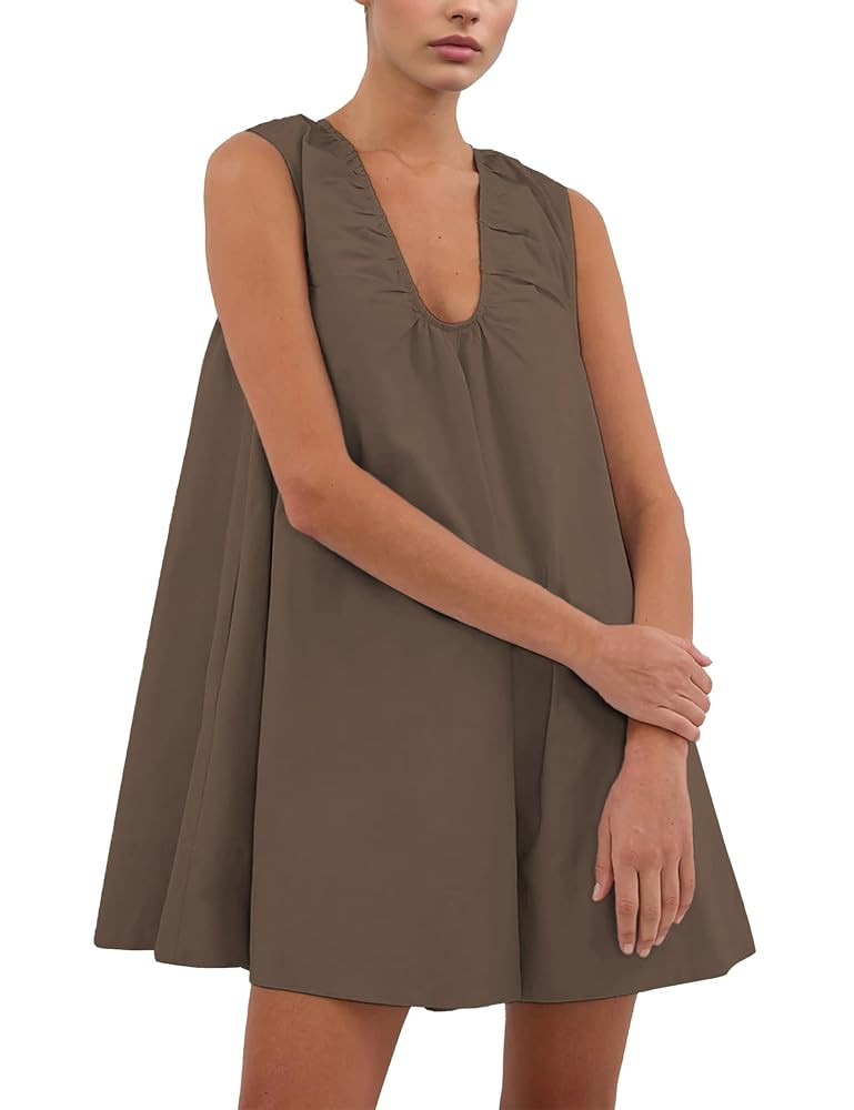Summer Babydoll Tank Mini Dresses for Women 2025 Scoop Neck Flowy Casual Sleeveless Sundress with... | Amazon (US)