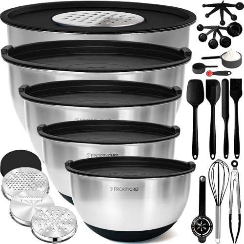 Priority Chef Stainless Steel Mixing Bowls with Lids Set, Metal Nesting Bowls with Airtight Lids, Graters, Non-Slip Base & Measurement Marks, Includes Utensil Set for Prep, Baking & Storage, Black | Amazon (US)