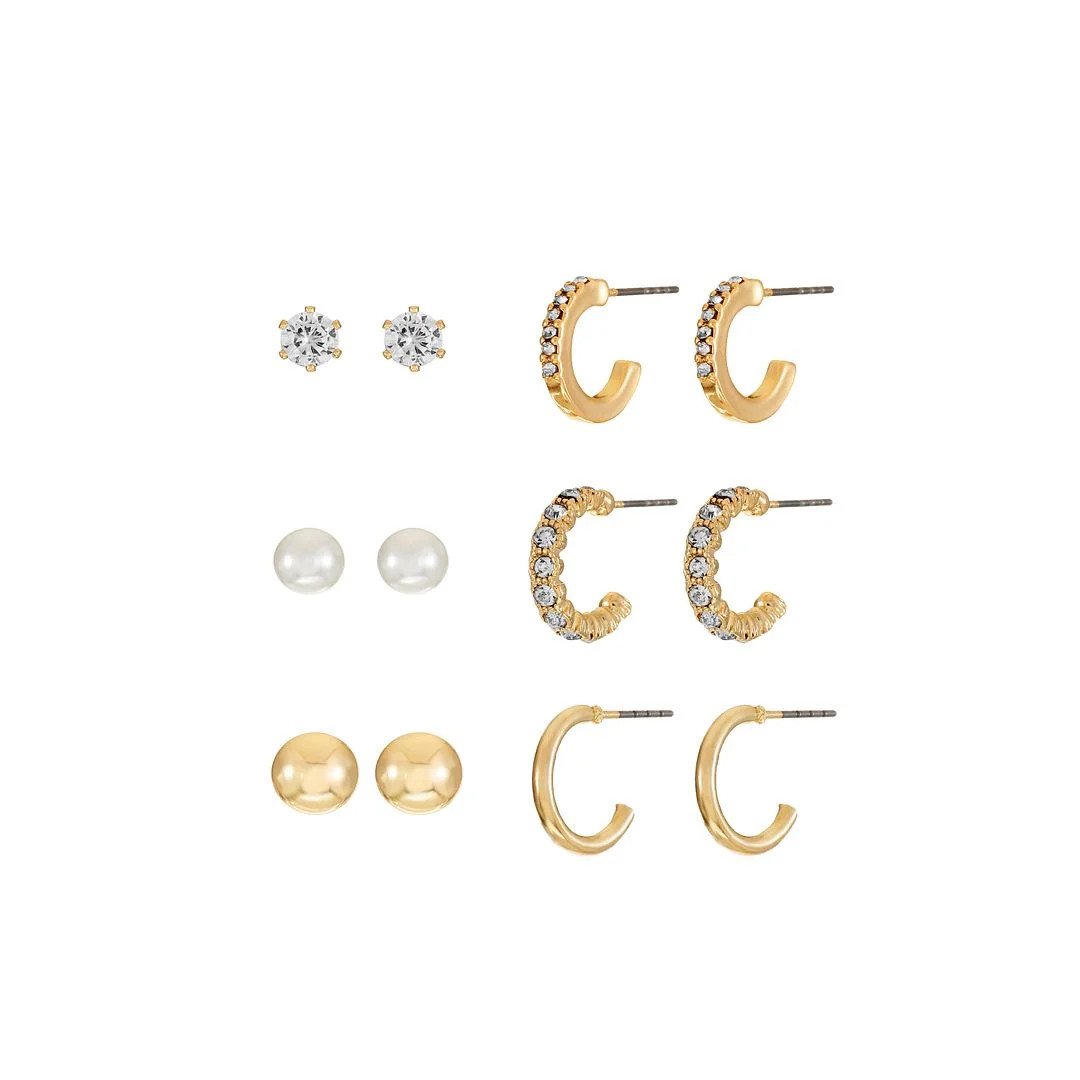 Time and Tru Womens Gold Stud and Mini Hoop Earring Collection, 6 Pairs | Walmart (US)