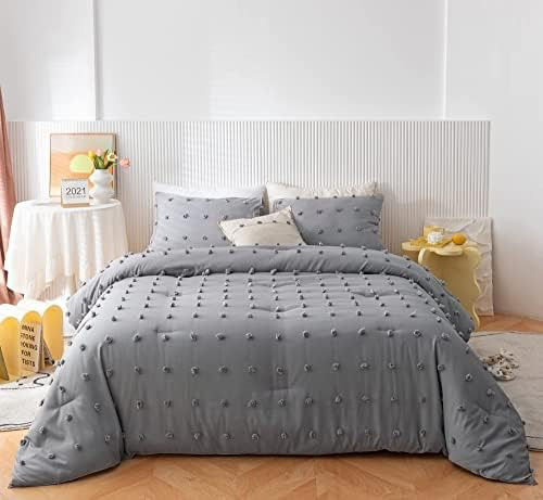 Janzaa Queen Comforter Set Gray Comforter Pom Pom Comforter Tufted Pom Boho Comforter Ultra Soft Lig | Amazon (US)