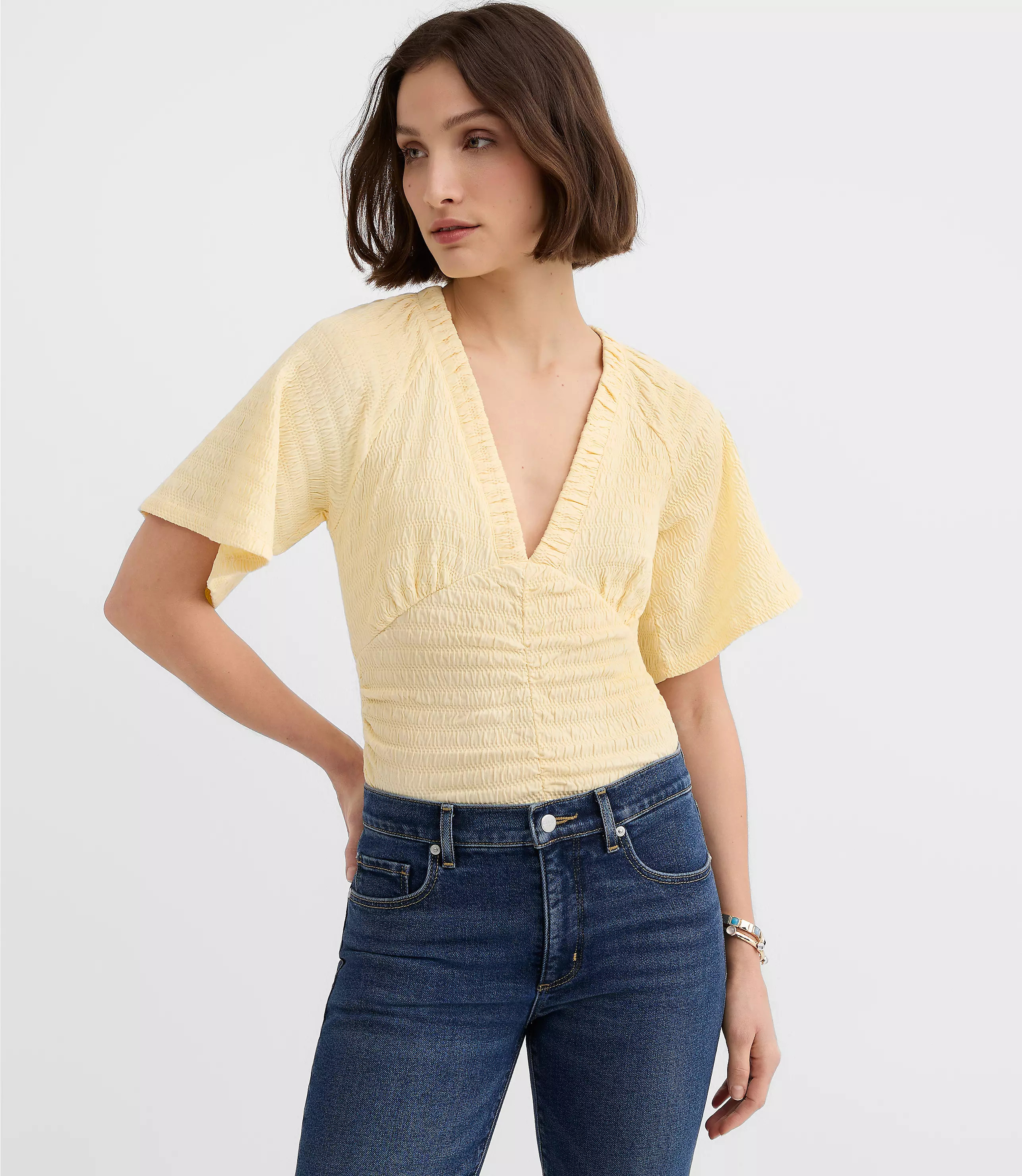 Petite Smocked Flutter V-Neck Top | LOFT