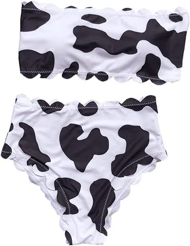 MakeMeChic Women's Cow Print High Waisted Scallop Trim 2 Piece Bandeau Bikini Set Swimsuit Bathin... | Amazon (US)