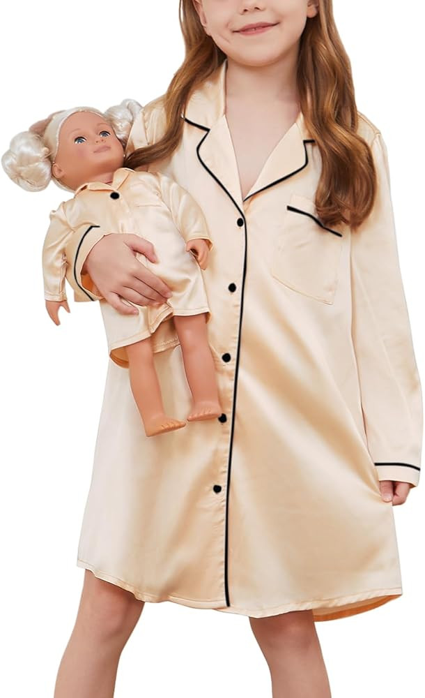 Jxstar Matching Girls& Doll Satin Nightgowns Silk Pajamas Sleepwear Long Sleeve Night Dresses | Amazon (US)