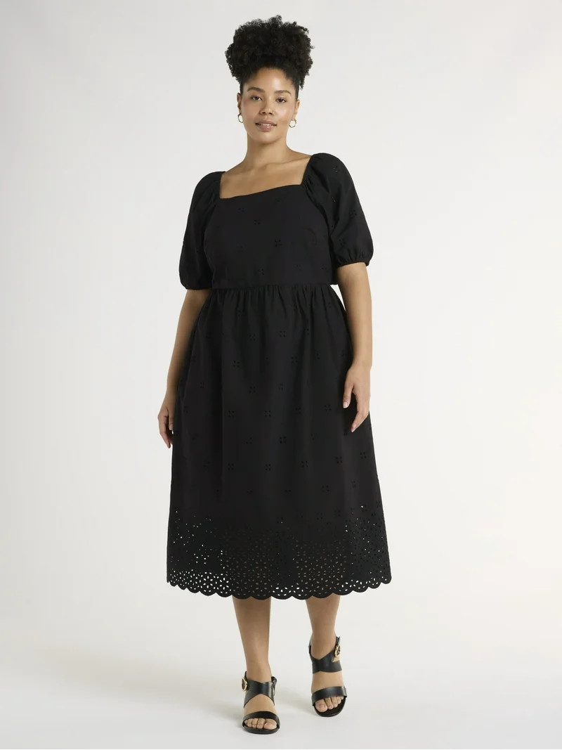 Time and Tru Women's and Women's Plus Square Neck Eyelet Midi Dress, Sizes XS-4X | Walmart (US)