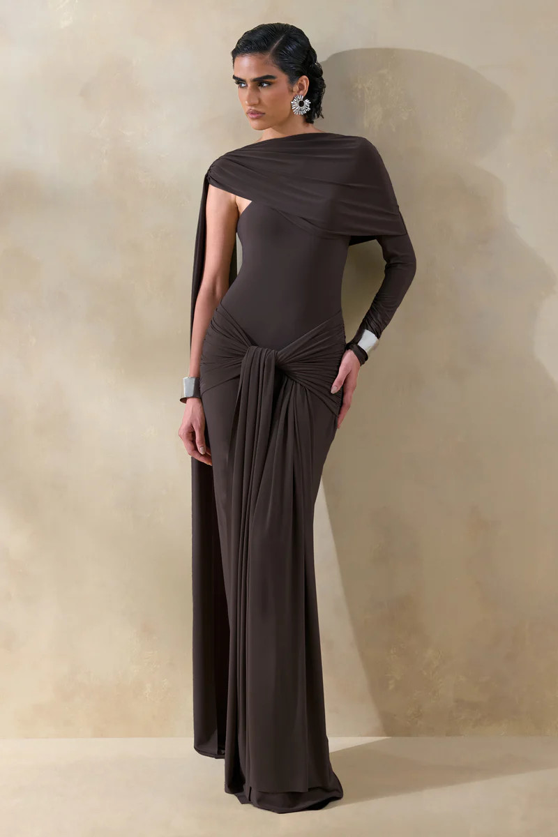 Trisara  Brown Asymmetric-Neck Maxi Dress With Gathered-Detailing And Sash | Club L London