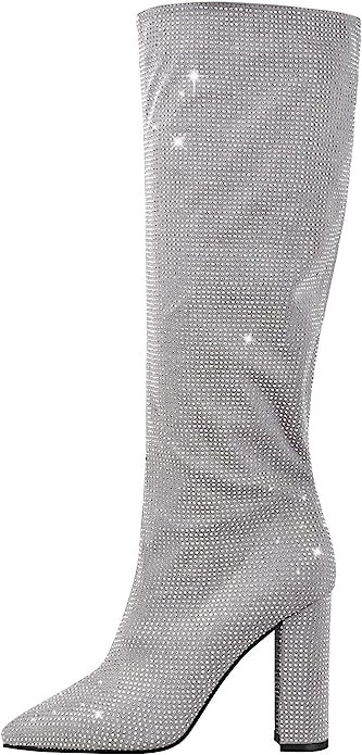 onlymaker Knee High Boots Chunky Heels Slip-on Point Toe Glitter Booty | Amazon (US)