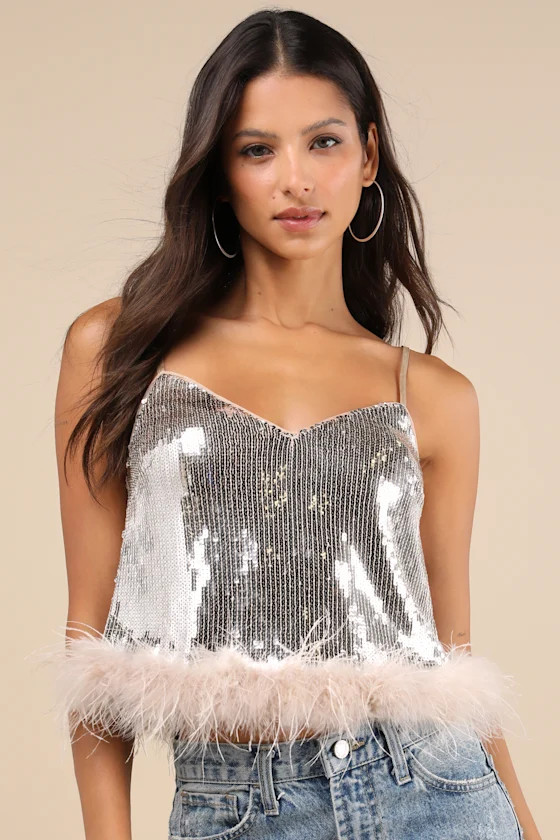 Perfectly Glowing Champagne Sequin Feather Cami Top | Lulus
