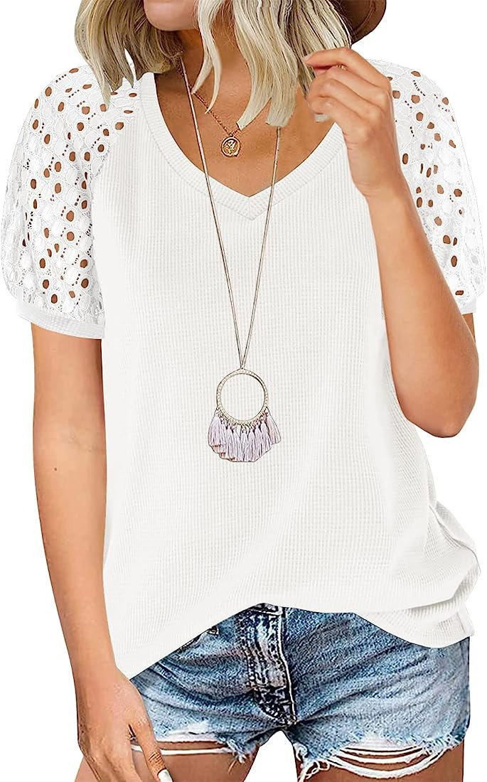 MIHOLL Women's Lace Short Sleeve V Neck Shirts Loose Casual Tops Tee Shirt | Amazon (US)