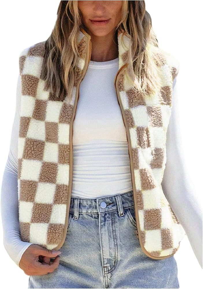 GORGLITTER Women's Checkered Sherpa Vest Zip Up Sleeveless Winter Fleece Jacket Plaid Gilet | Amazon (US)