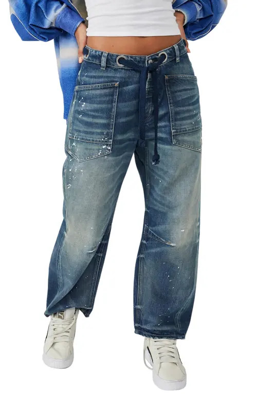 Free People We the Free Moxie Mid Rise Barrel Jeans in Timeless Blue at Nordstrom, Size 27 | Nordstrom