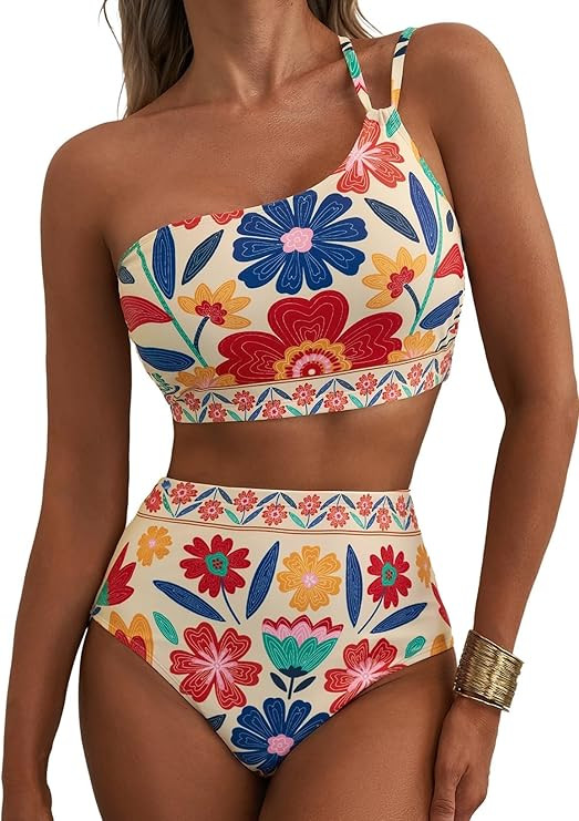 Herseas Women's High Waisted Bikini Sets One Shoulder Floral Print Swimsuits 2 Piece Tummy Contro... | Amazon (US)