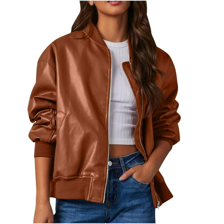 Annhoo Leather Jacket for Women Fall Long Sleeve Zipper up Bomber Jacket Fashion Cropped Motocycl... | Walmart (US)